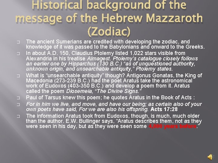 Historical background of the message of the Hebrew Mazzaroth (Zodiac) � � � The