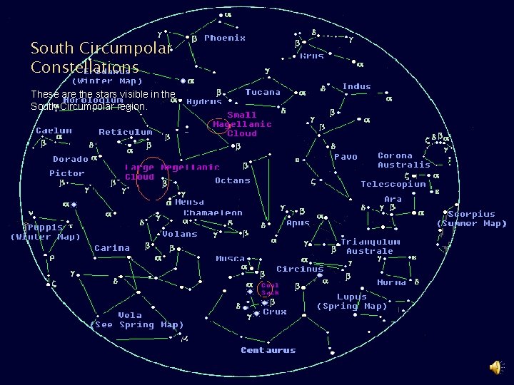 South Circumpolar Constellations These are the stars visible in the South Circumpolar region. 