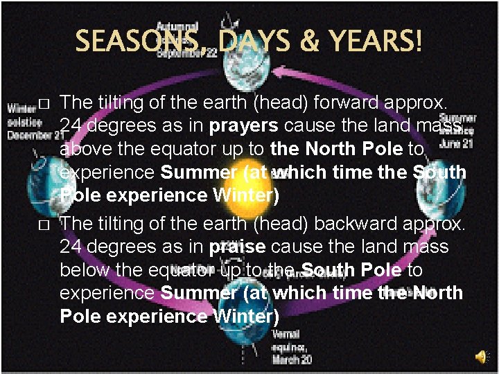 SEASONS, DAYS & YEARS! � � The tilting of the earth (head) forward approx.