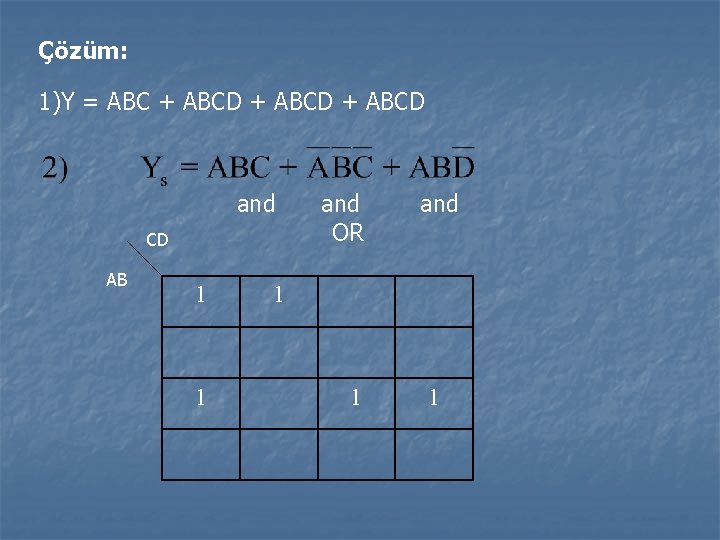 Çözüm: 1)Y = ABC + ABCD and CD AB 1 1 and OR and