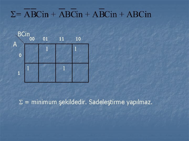 BCin 00 A 11 1 01 1 10 1 1 = minimum şekildedir. Sadeleştirme