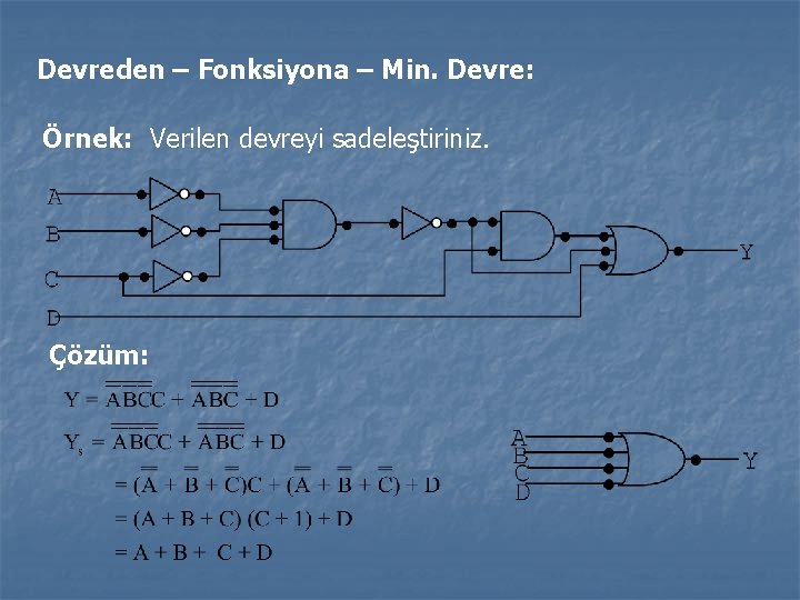 Devreden – Fonksiyona – Min. Devre: Örnek: Verilen devreyi sadeleştiriniz. Çözüm: 