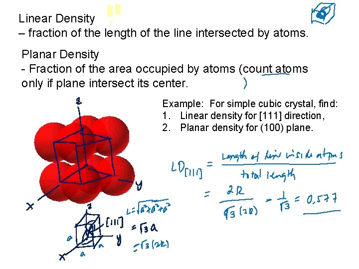 Linear Density – fraction of the length of the line intersected by atoms. Planar