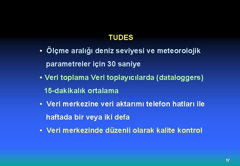  TUDES • Ölçme aralığı deniz seviyesi ve meteorolojik parametreler için 30 saniye •