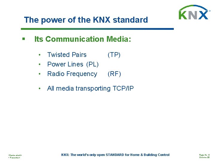 The power of the KNX standard § Its Communication Media: • Twisted Pairs •