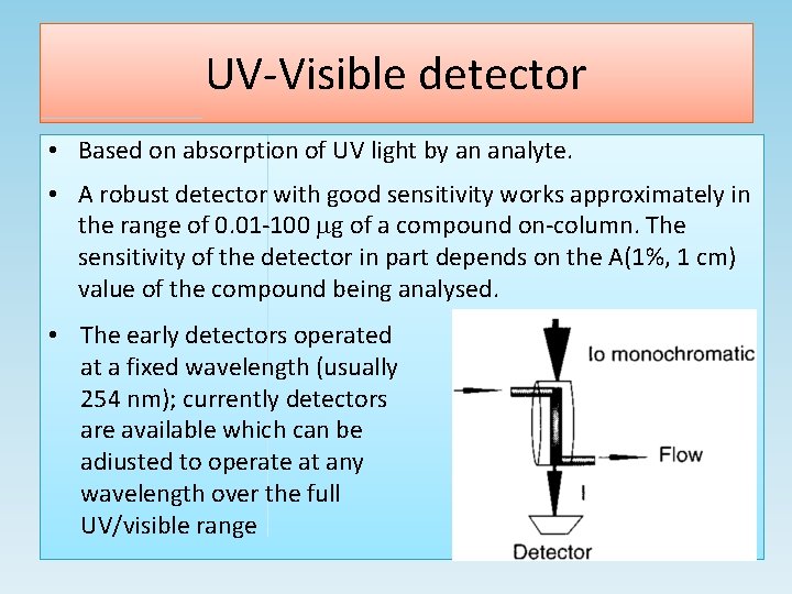 UV-Visible detector • Based on absorption of UV light by an analyte. • A