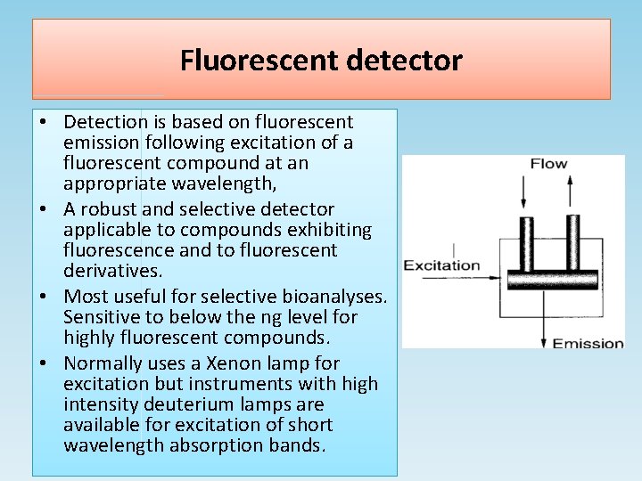 Fluorescent detector • Detection is based on fluorescent emission following excitation of a fluorescent