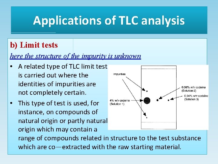 Applications of TLC analysis b) Limit tests here the structure of the impurity is