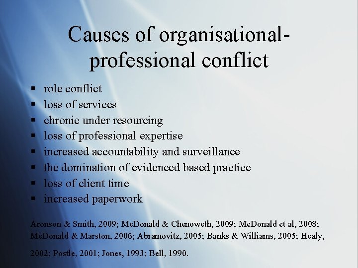 Causes of organisationalprofessional conflict § § § § role conflict loss of services chronic Causes of organisationalprofessional conflict § § § § role conflict loss of services chronic