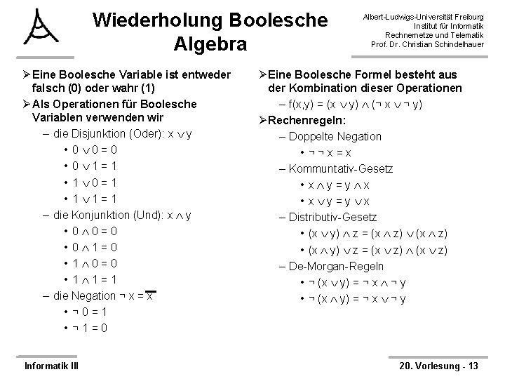 Wiederholung Boolesche Algebra Ø Eine Boolesche Variable ist entweder falsch (0) oder wahr (1)