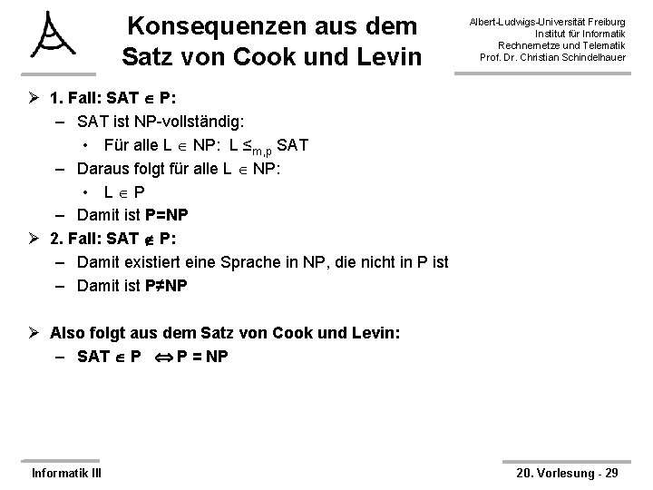 Konsequenzen aus dem Satz von Cook und Levin Albert-Ludwigs-Universität Freiburg Institut für Informatik Rechnernetze