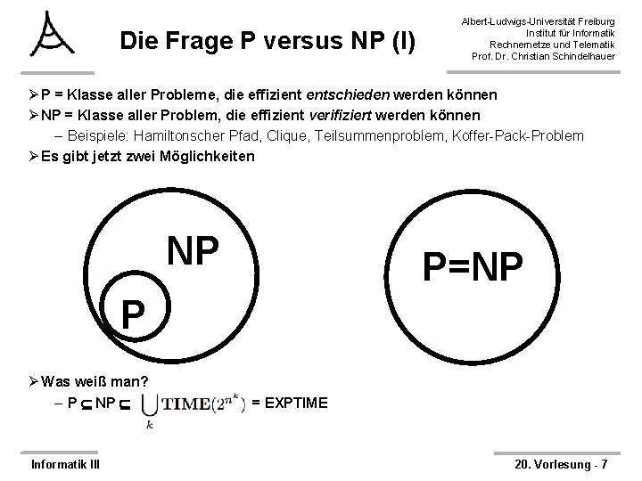 Die Frage P versus NP (I) Albert-Ludwigs-Universität Freiburg Institut für Informatik Rechnernetze und Telematik