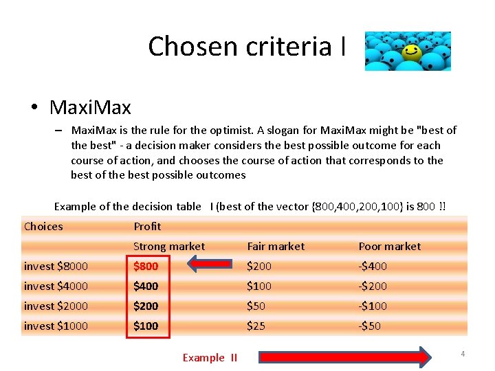 Chosen criteria I • Maxi. Max – Maxi. Max is the rule for the