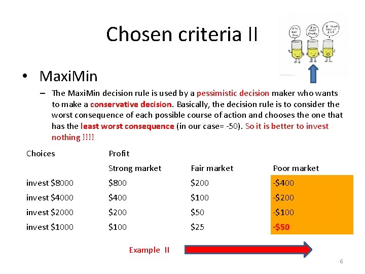 Chosen criteria II • Maxi. Min – The Maxi. Min decision rule is used