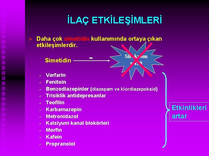 İLAÇ ETKİLEŞİMLERİ Ø Daha çok simetidin kullanımında ortaya çıkan etkileşimlerdir. Simetidin ü ü ü