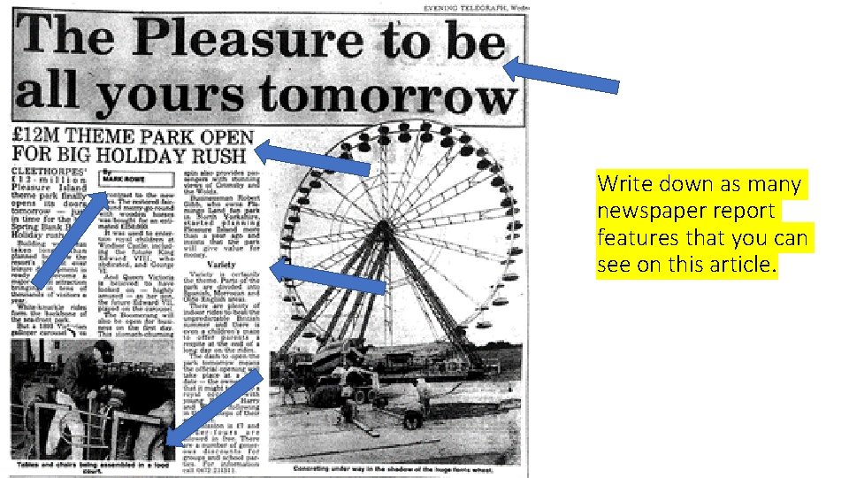 Write down as many newspaper report features that you can see on this article.