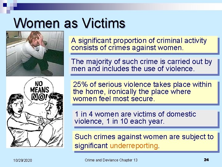 Women as Victims A significant proportion of criminal activity consists of crimes against women. Women as Victims A significant proportion of criminal activity consists of crimes against women.
