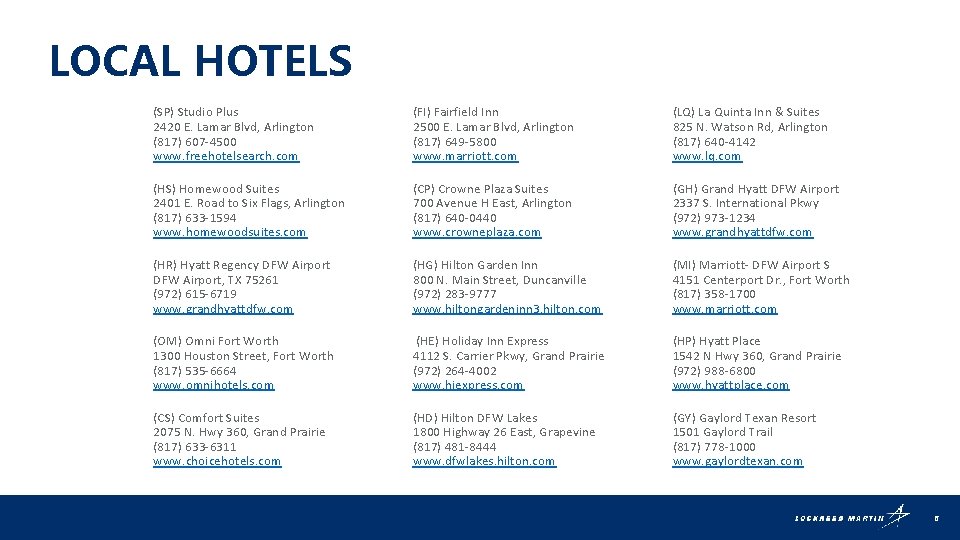 LOCAL HOTELS (SP) Studio Plus 2420 E. Lamar Blvd, Arlington (817) 607 -4500 www.