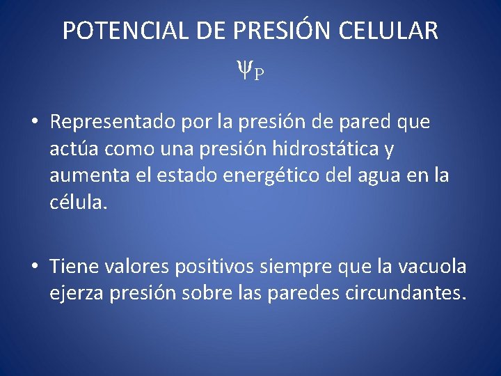 POTENCIAL DE PRESIÓN CELULAR ψP • Representado por la presión de pared que actúa