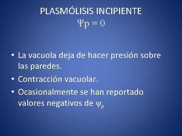 PLASMÓLISIS INCIPIENTE Ψp = 0 • La vacuola deja de hacer presión sobre las