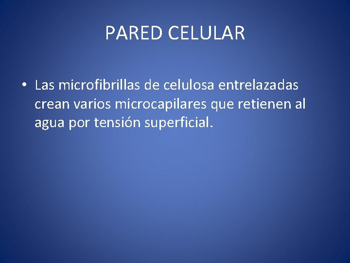 PARED CELULAR • Las microfibrillas de celulosa entrelazadas crean varios microcapilares que retienen al