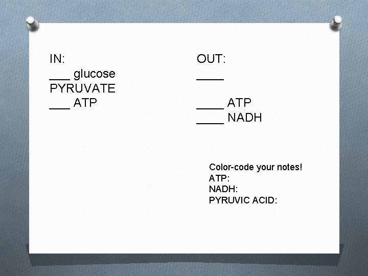 IN: ___ glucose PYRUVATE ___ ATP OUT: ____ ATP ____ NADH Color-code your notes!