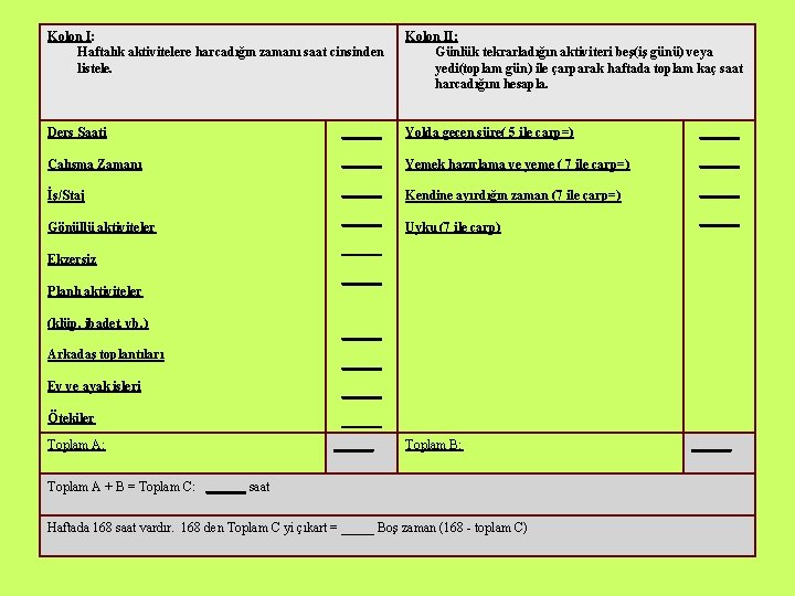 Kolon I: Haftalık aktivitelere harcadığın zamanı saat cinsinden listele. Kolon II: Günlük tekrarladığın aktiviteri Kolon I: Haftalık aktivitelere harcadığın zamanı saat cinsinden listele. Kolon II: Günlük tekrarladığın aktiviteri