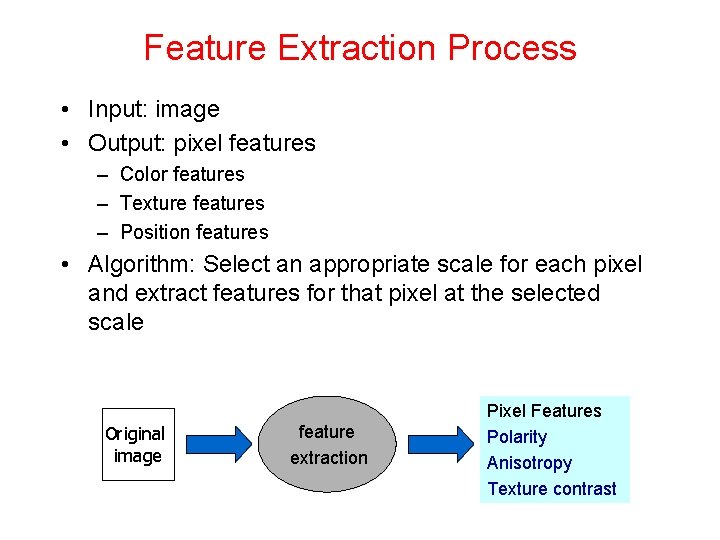 Feature Extraction Process • Input: image • Output: pixel features – Color features –