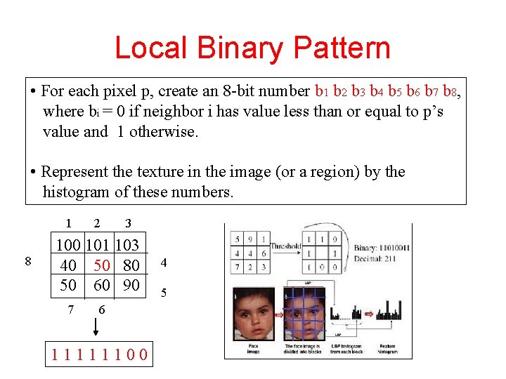 Local Binary Pattern • For each pixel p, create an 8 -bit number b