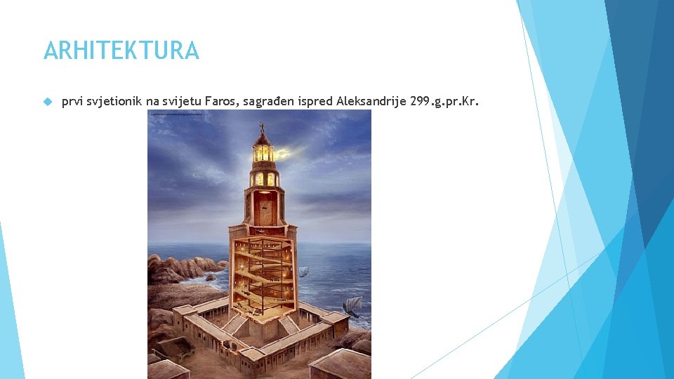 ARHITEKTURA prvi svjetionik na svijetu Faros, sagrađen ispred Aleksandrije 299. g. pr. Kr. 