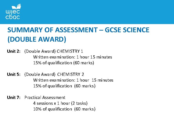 SUMMARY OF ASSESSMENT – GCSE SCIENCE (DOUBLE AWARD) Unit 2: (Double Award) CHEMISTRY 1