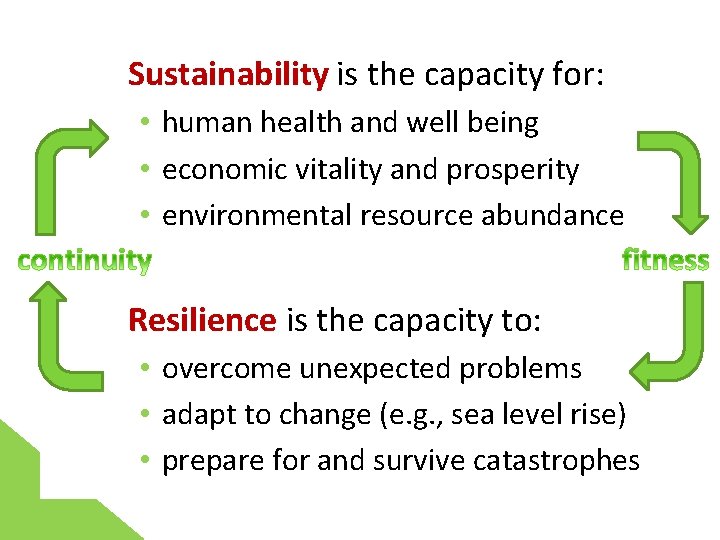 Sustainability is the capacity for: • human health and well being • economic vitality