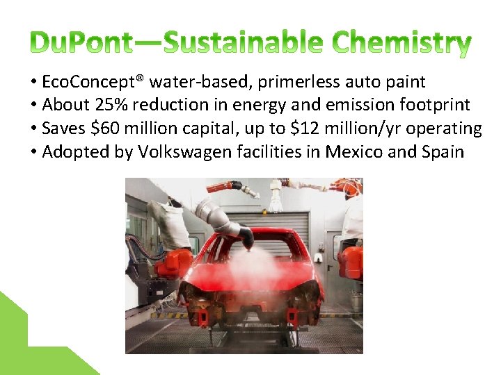  • Eco. Concept® water-based, primerless auto paint • About 25% reduction in energy