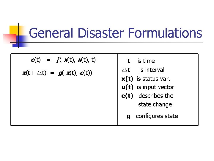 General Disaster Formulations e(t) = ƒ( x(t), u(t), t) x(t+ t) = g( x(t),