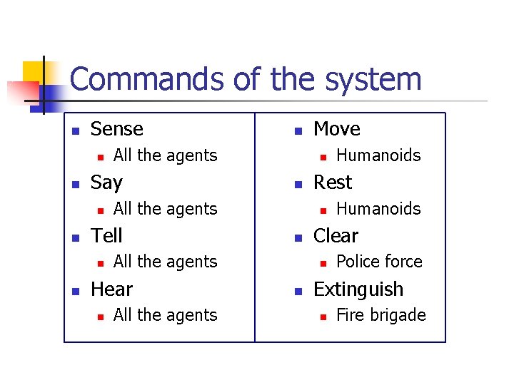 Commands of the system n Sense n n n All the agents Humanoids Clear