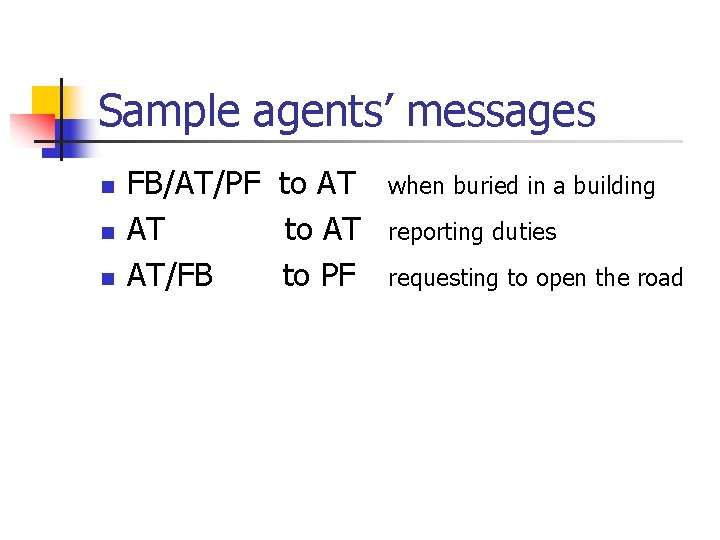 Sample agents’ messages n n n FB/AT/PF to AT AT/FB to PF when buried