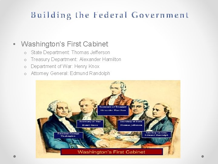  • Washington’s First Cabinet o o State Department: Thomas Jefferson Treasury Department: Alexander