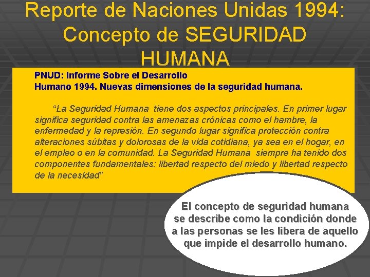 Reporte de Naciones Unidas 1994: Concepto de SEGURIDAD HUMANA PNUD: Informe Sobre el Desarrollo