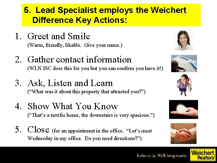 5. Lead Specialist employs the Weichert Difference Key Actions: 1. Greet and Smile (Warm,