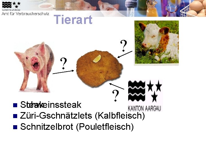 Tierart Steak Schweinssteak n Züri-Gschnätzlets (Kalbfleisch) n Schnitzelbrot (Pouletfleisch) n 