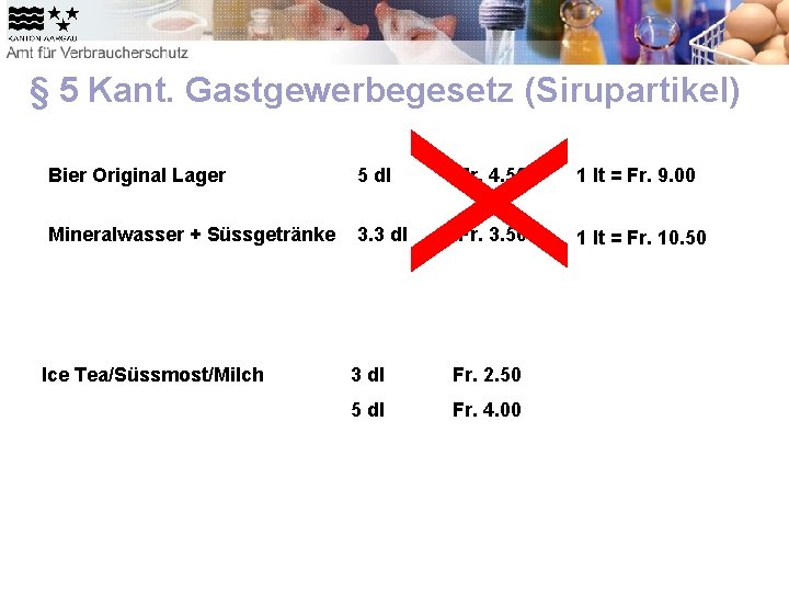 § 5 Kant. Gastgewerbegesetz (Sirupartikel) X Bier Original Lager 5 dl Fr. 4. 50