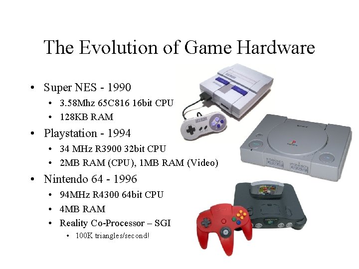The Evolution of Game Hardware • Super NES - 1990 • 3. 58 Mhz