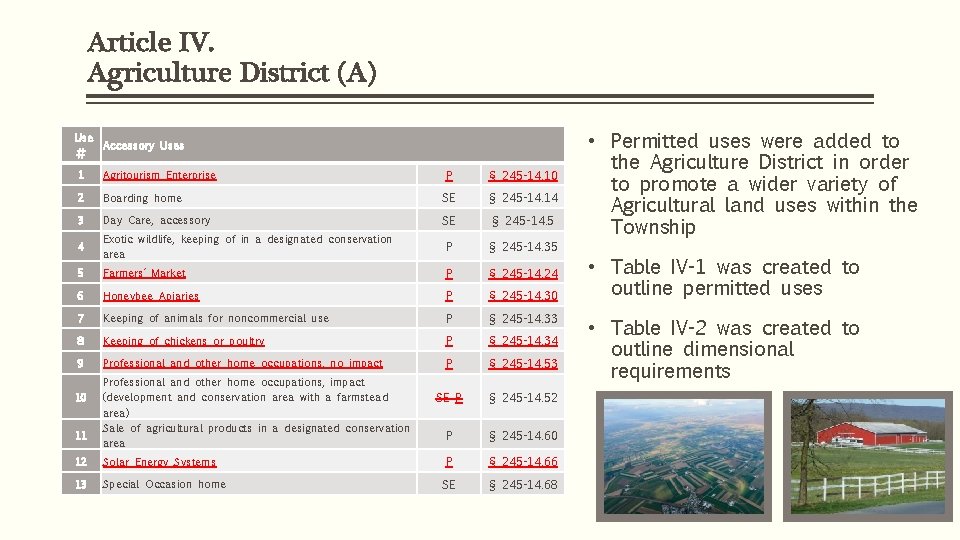 Article IV. Agriculture District (A) Use Accessory Uses # P § 245 -14. 10