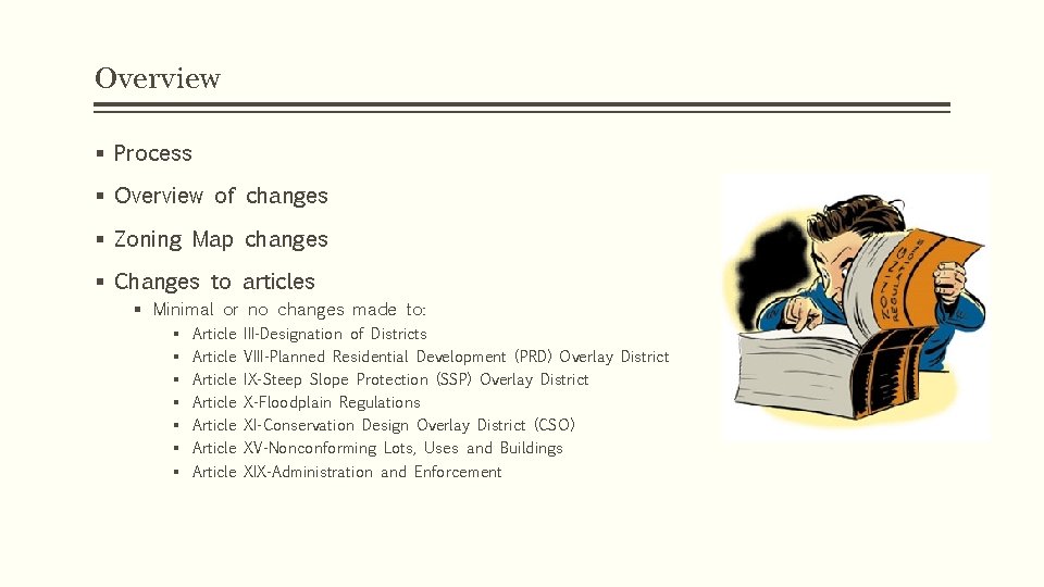 Overview § Process § Overview of changes § Zoning Map changes § Changes to