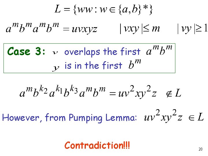 Case 3: overlaps the first is in the first However, from Pumping Lemma: Contradiction!!!