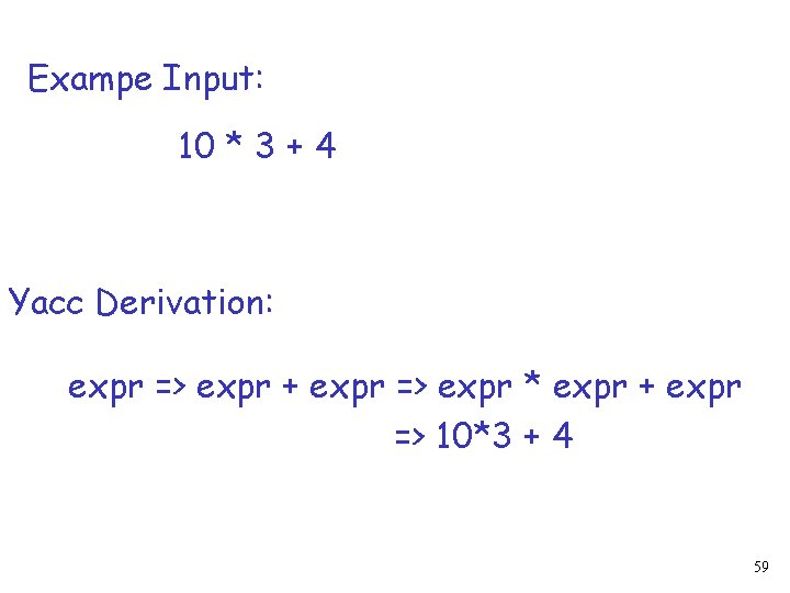 Exampe Input: 10 * 3 + 4 Yacc Derivation: expr => expr + expr
