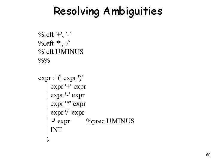 Resolving Ambiguities %left '+', '-' %left '*', '/' %left UMINUS %% expr : '('