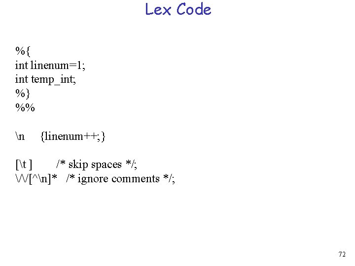 Lex Code %{ int linenum=1; int temp_int; %} %% n {linenum++; } [t ]