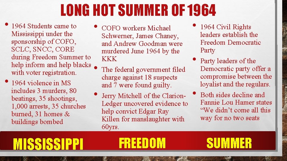 LONG HOT SUMMER OF 1964 • 1964 Students came to • Mississippi under the