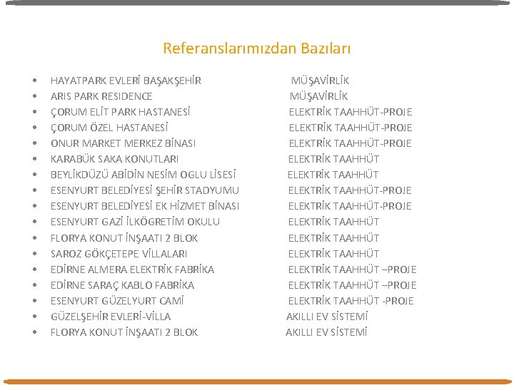 Referanslarımızdan Bazıları • • • • • HAYATPARK EVLERİ BAŞAKŞEHİR MÜŞAVİRLİK ARIS PARK RESIDENCE Referanslarımızdan Bazıları • • • • • HAYATPARK EVLERİ BAŞAKŞEHİR MÜŞAVİRLİK ARIS PARK RESIDENCE